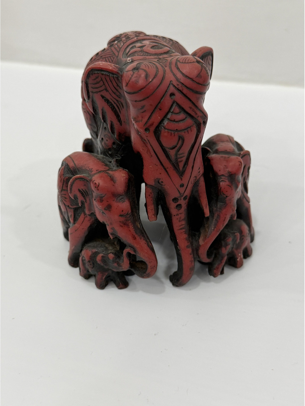 Handcrafted Red and Black Resin Elephant Family Sculpture With Fish Engraving